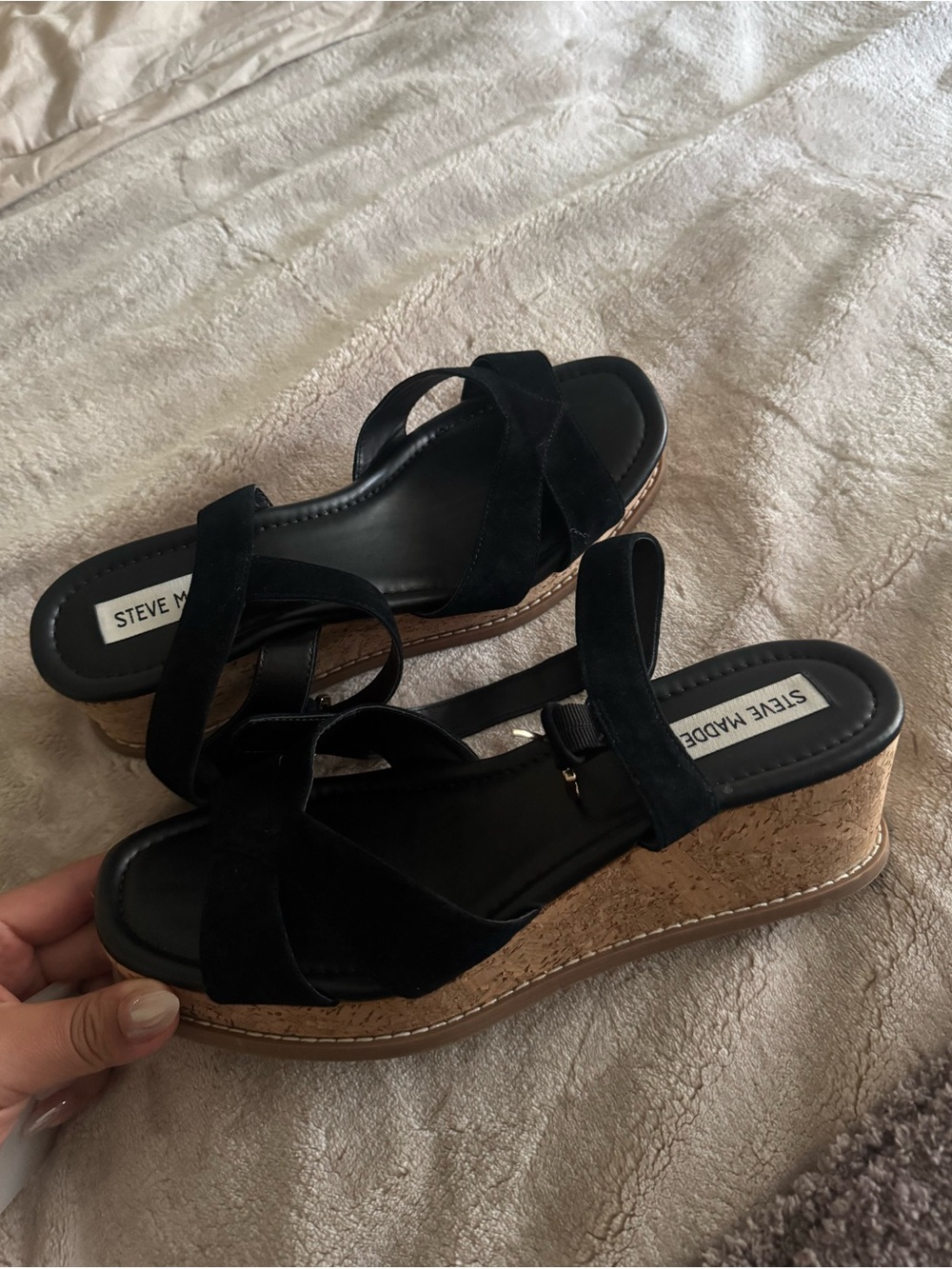Steve Madden Black Suede Cork Wedge Sandals
